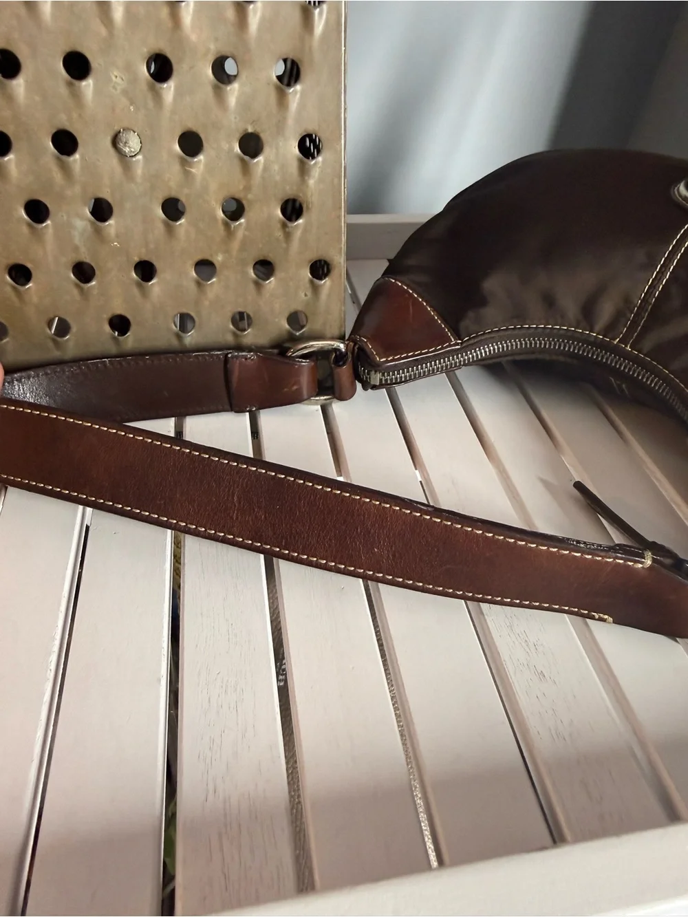 Dooney Bourke Vintage Brown Nylon Brown Leather Strap Small Hobo WAYFARER